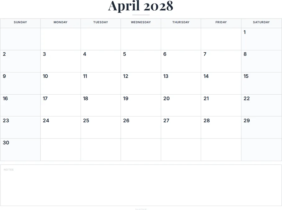 April 2028 Calendar Printable with Notes preview