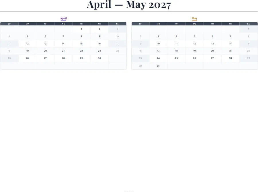 April and May 2027 Calendar preview