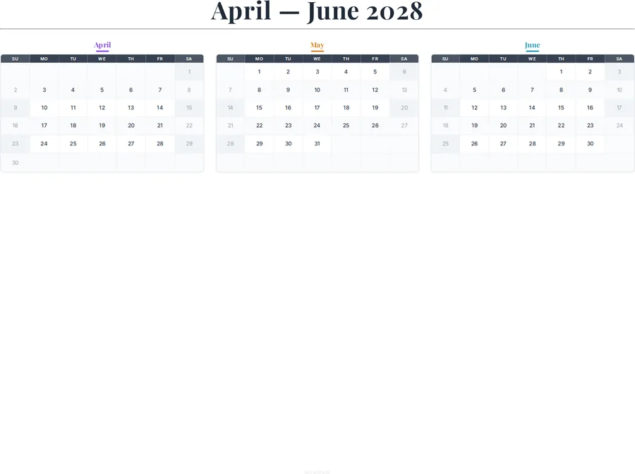 April-June 2028 Calendar preview