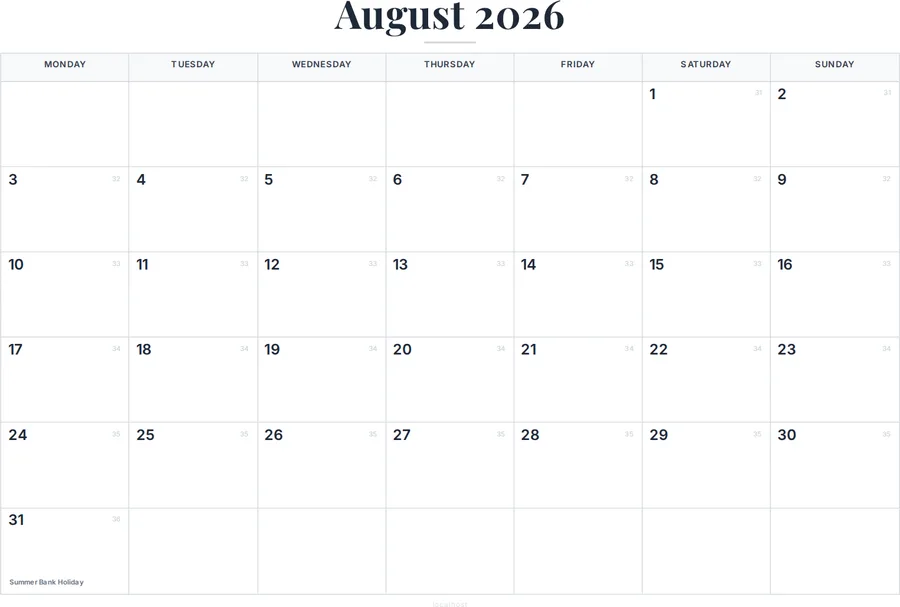 August 2026 Calendar Printable with UK Holidays preview