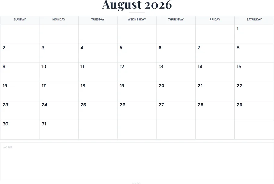 August 2026 Calendar Printable with Notes preview