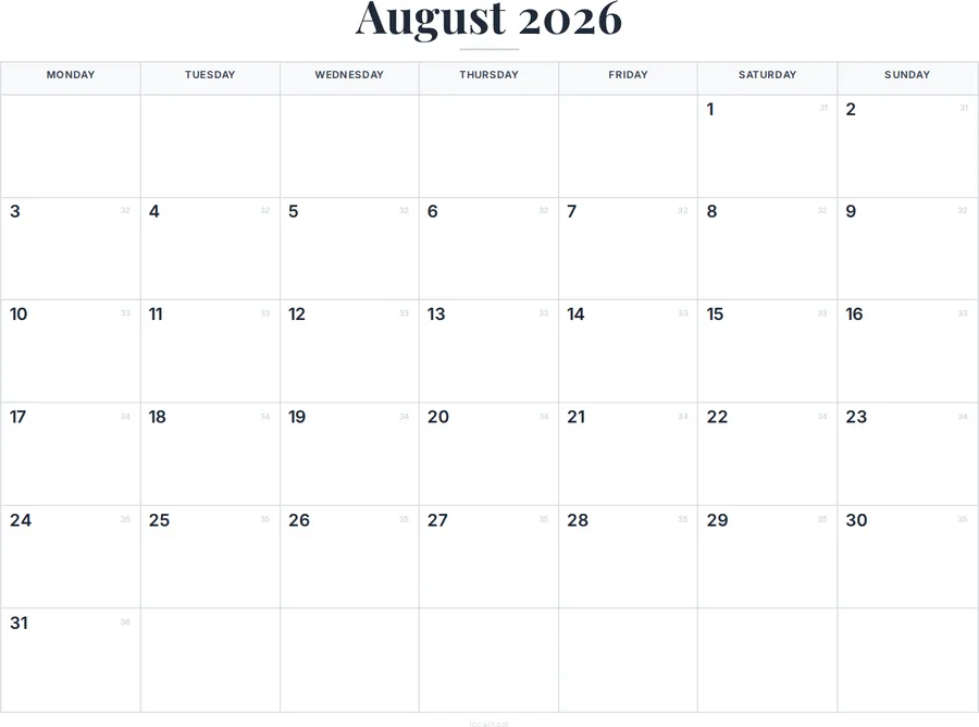 August 2026 Calendar Printable with US Holidays preview