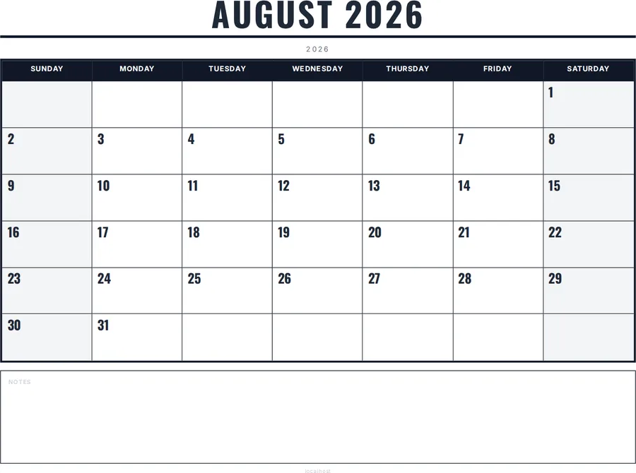 August 2026 Calendar Printable with Notes - Bold preview