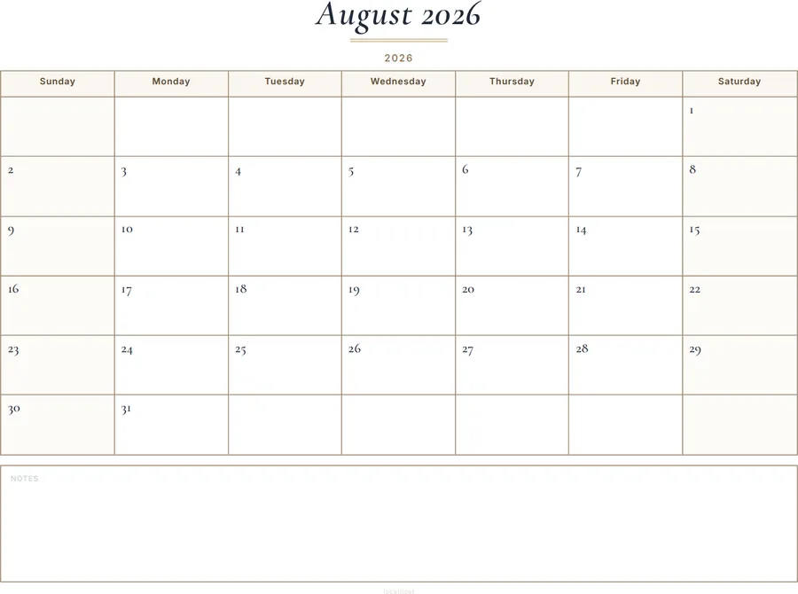 August 2026 Calendar Printable with Notes - Classic preview