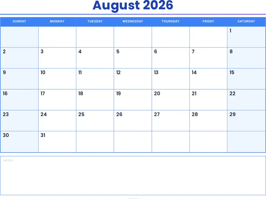 August 2026 Calendar Printable with Notes - Colored Header preview