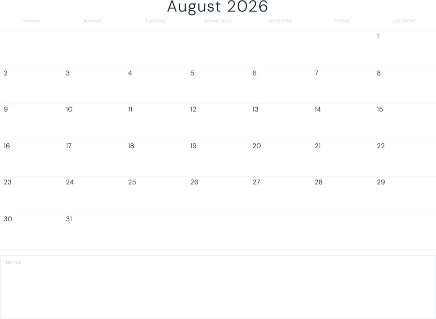 August 2026 Calendar Printable with Notes - Minimal preview