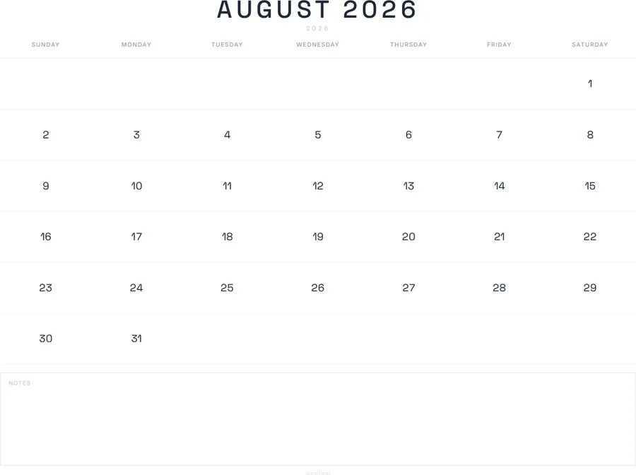 August 2026 Calendar Printable with Notes - Modern preview