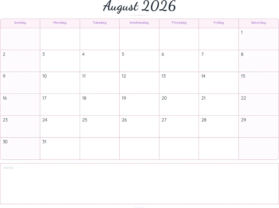 August 2026 Calendar Printable with Notes - Script preview