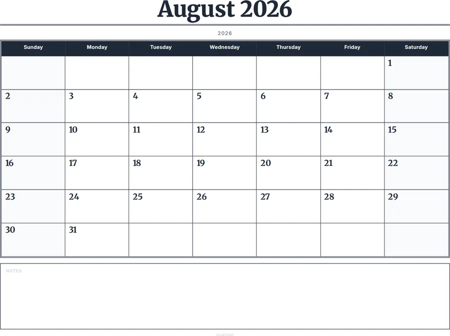 August 2026 Calendar Printable with Notes - Serif Grid preview
