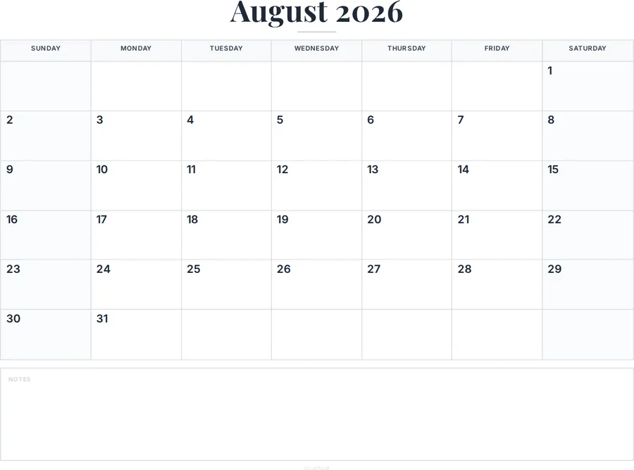 August 2026 Calendar Printable with Notes preview