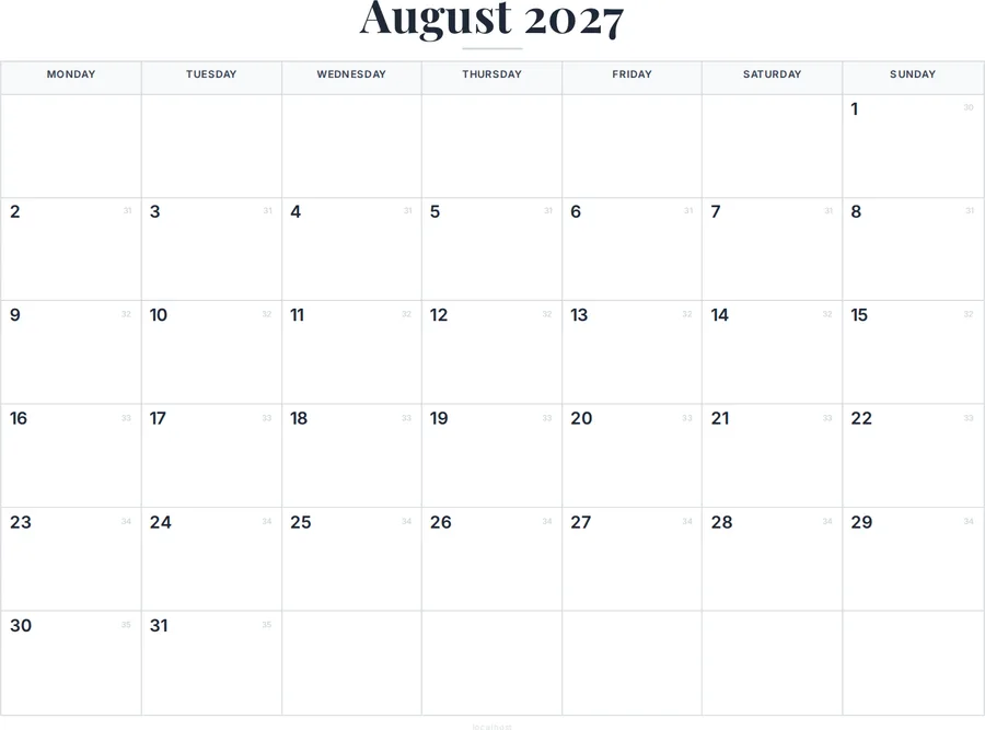August 2027 Calendar with Holidays preview