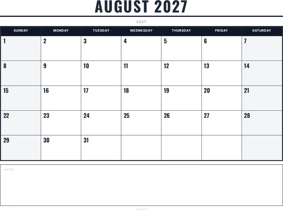 August 2027 Calendar Printable with Notes - Bold preview