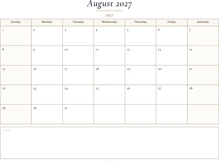 August 2027 Calendar Printable with Notes - Classic preview