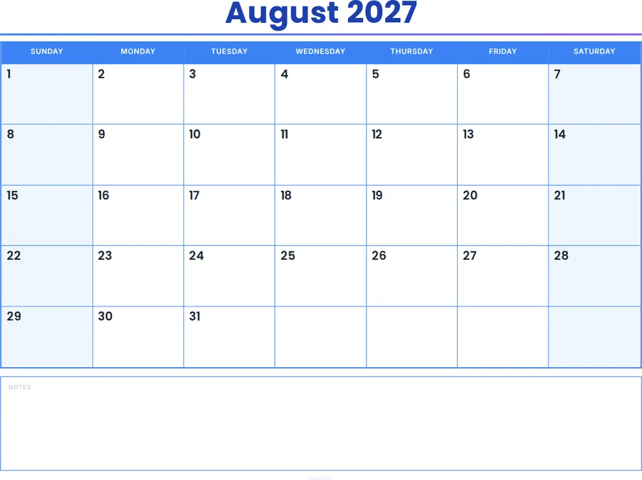 August 2027 Calendar Printable with Notes - Colored Header preview