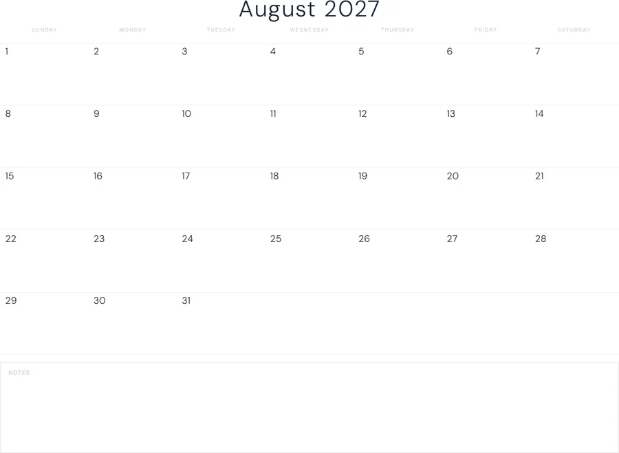 August 2027 Calendar Printable with Notes - Minimal preview