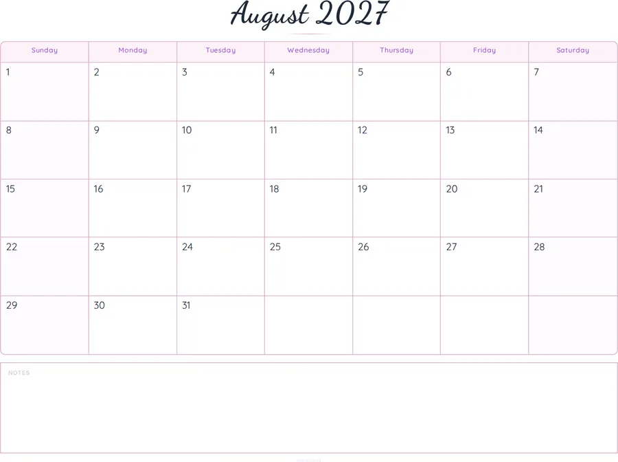 August 2027 Calendar Printable with Notes - Script preview