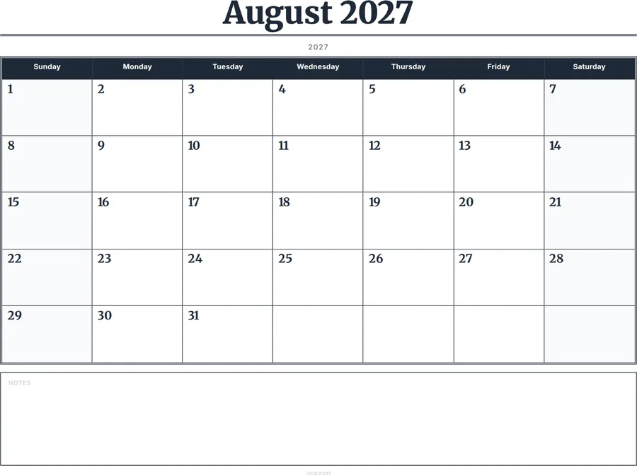 August 2027 Calendar Printable with Notes - Serif Grid preview