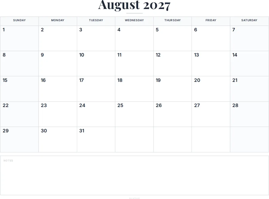 August 2027 Calendar Printable with Notes preview
