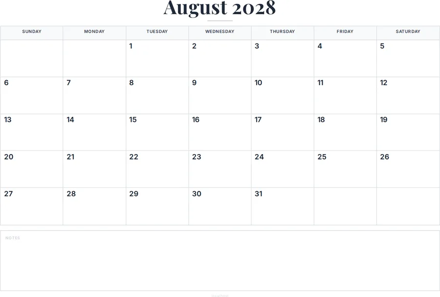 August 2028 Calendar Printable with Notes preview