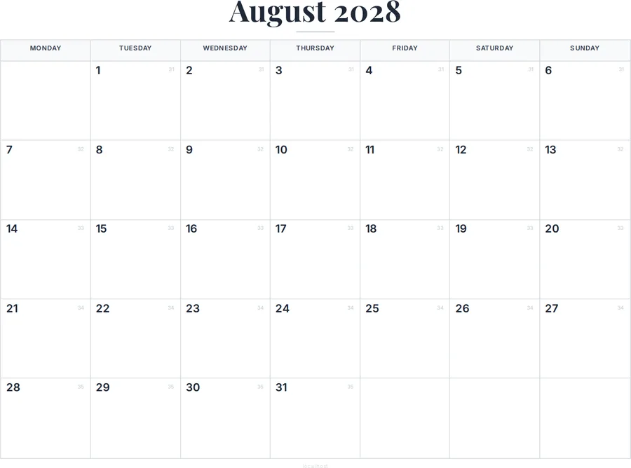 August 2028 Calendar with Holidays preview