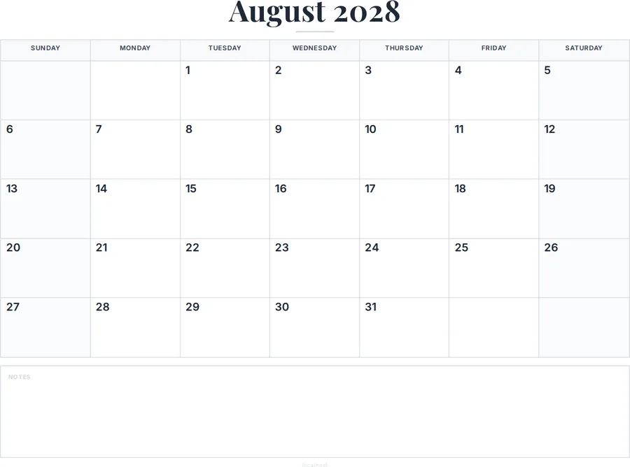 August 2028 Calendar Printable with Notes preview