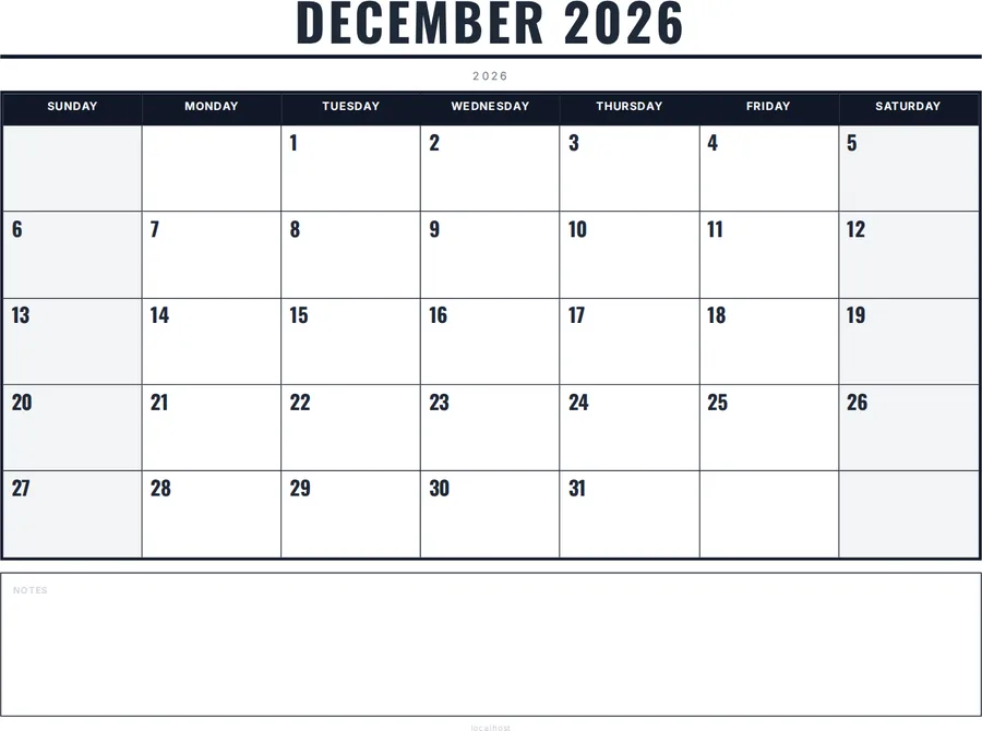 December 2026 Calendar Printable with Notes - Bold preview