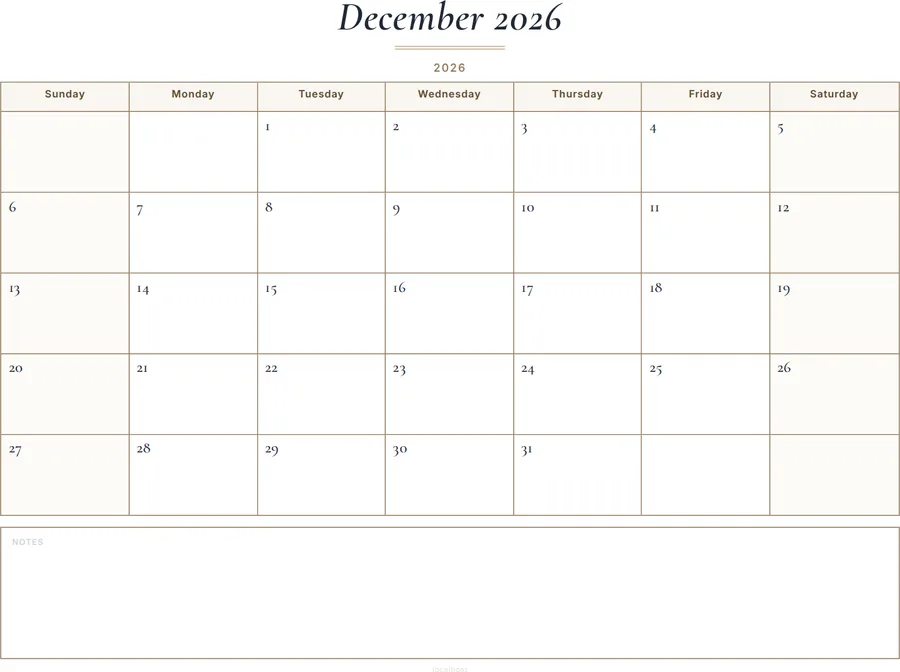 December 2026 Calendar Printable with Notes - Classic preview