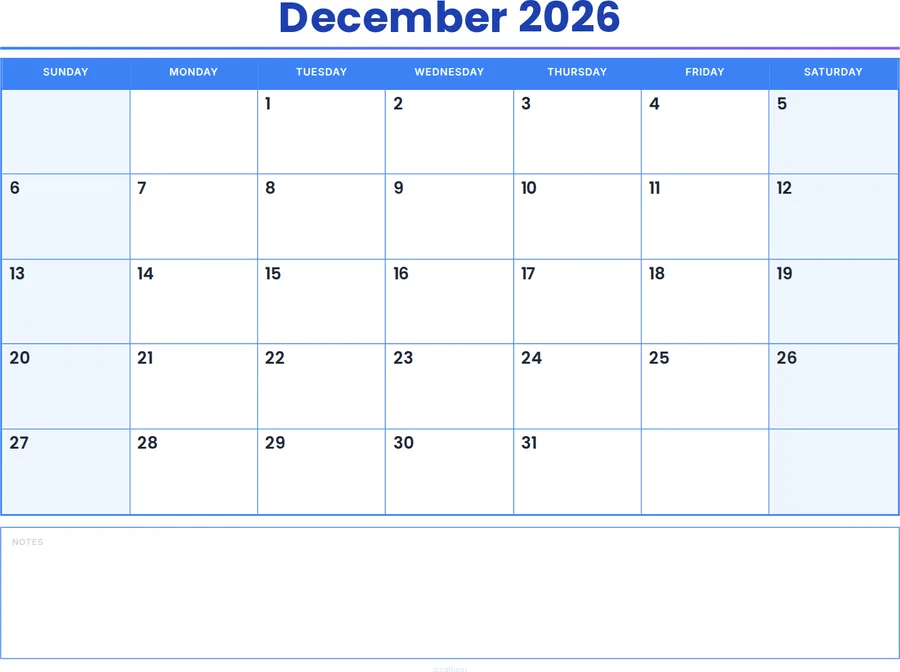 December 2026 Calendar Printable with Notes - Colored Header preview