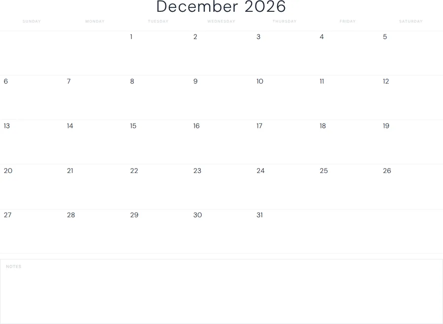 December 2026 Calendar Printable with Notes - Minimal preview