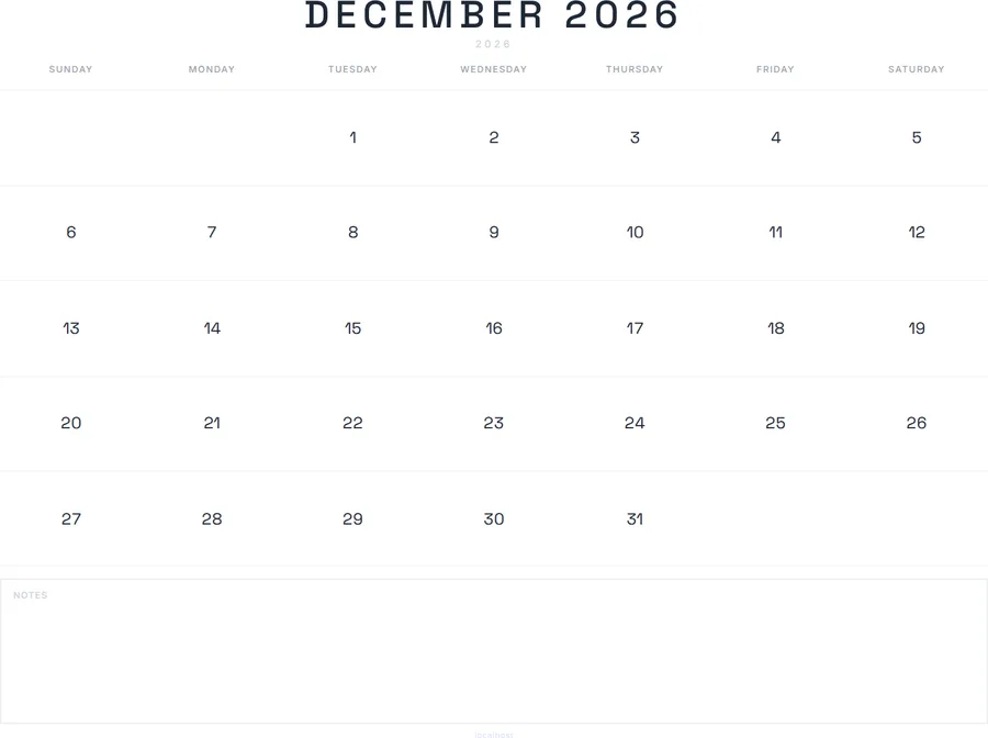 December 2026 Calendar Printable with Notes - Modern preview