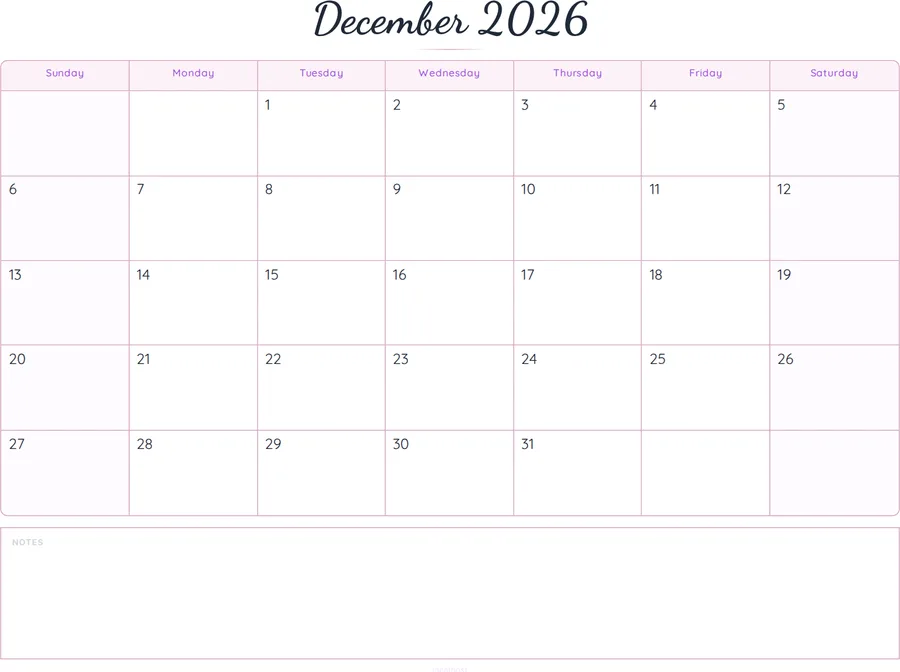December 2026 Calendar Printable with Notes - Script preview