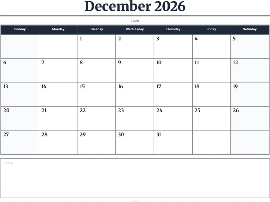 December 2026 Calendar Printable with Notes - Serif Grid preview