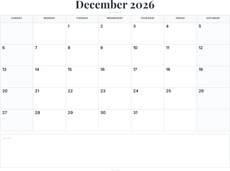 December 2026 Calendar Printable with Notes preview