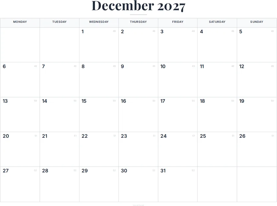 December 2027 Calendar Printable with US Holidays preview