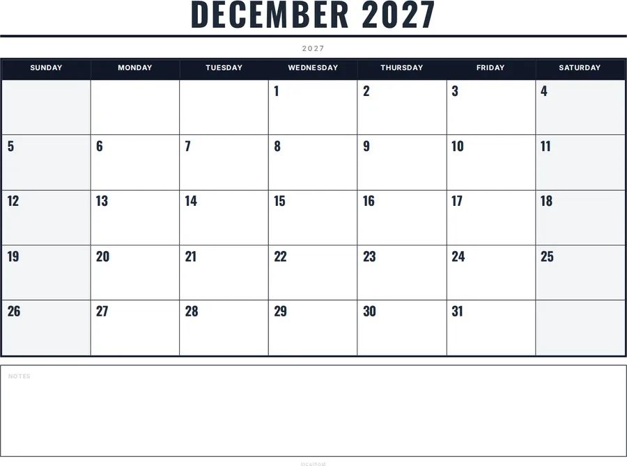 December 2027 Calendar Printable with Notes - Bold preview