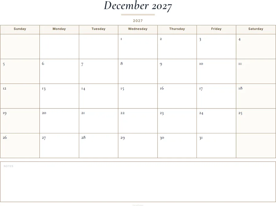 December 2027 Calendar Printable with Notes - Classic preview
