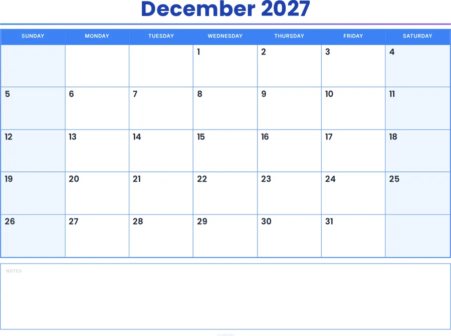 December 2027 Calendar Printable with Notes - Colored Header preview