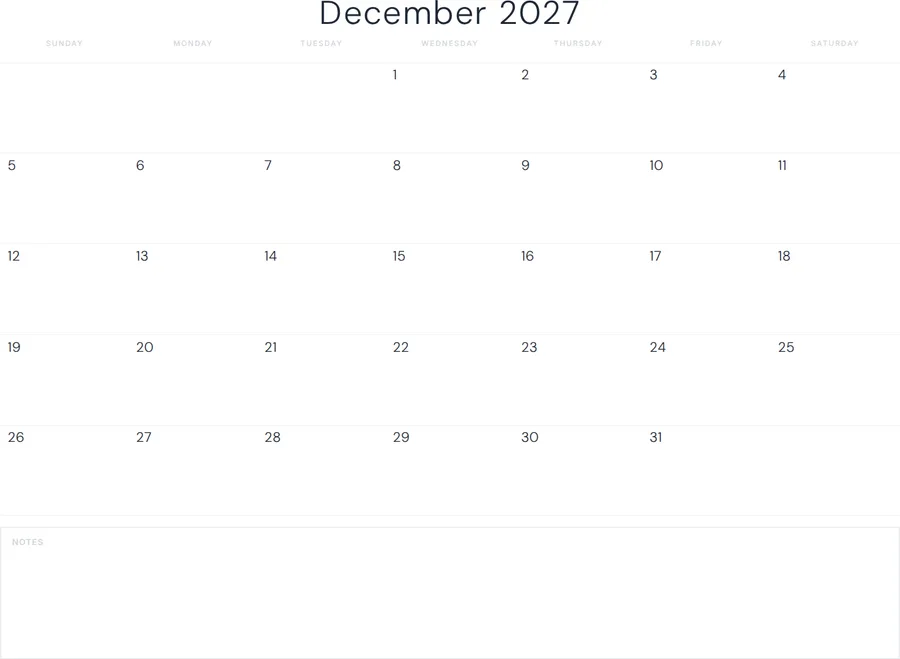 December 2027 Calendar Printable with Notes - Minimal preview
