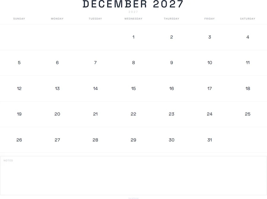 December 2027 Calendar Printable with Notes - Modern preview