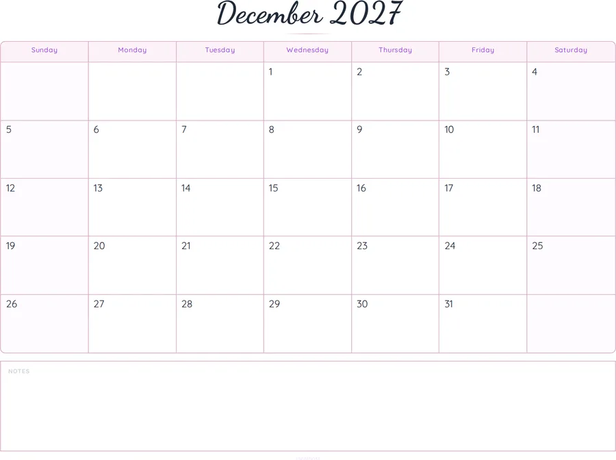 December 2027 Calendar Printable with Notes - Script preview