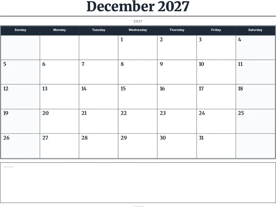December 2027 Calendar Printable with Notes - Serif Grid preview