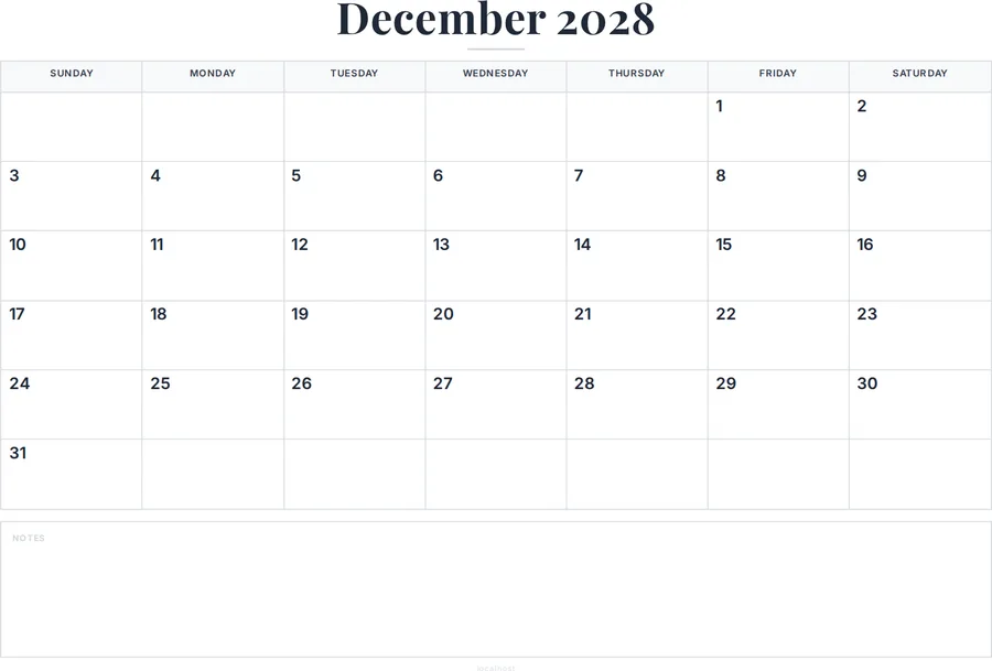 December 2028 Calendar Printable with Notes preview