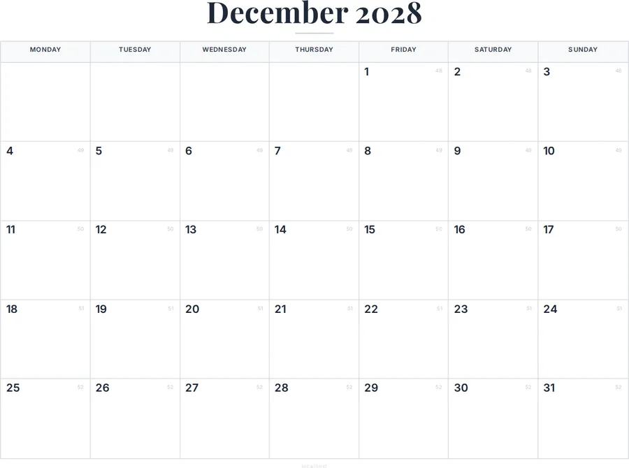 December 2028 Calendar with Holidays preview