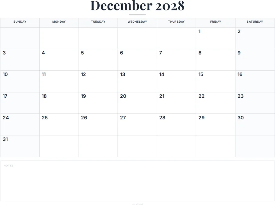 December 2028 Calendar Printable with Notes preview