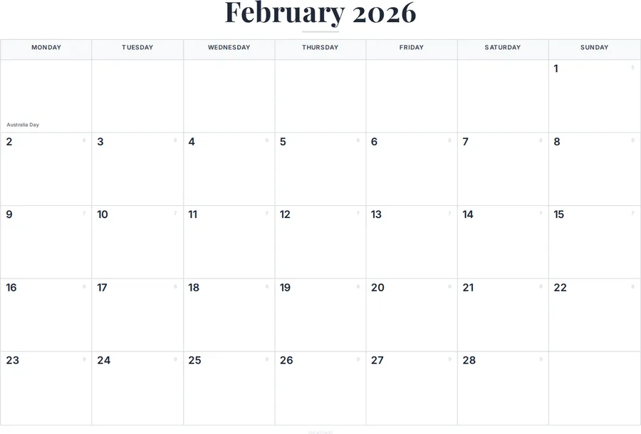 February 2026 Calendar Printable with Australia Holidays preview