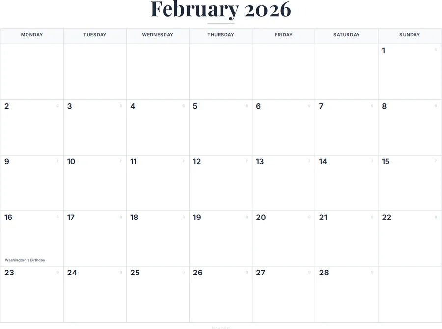 February 2026 Calendar Printable with US Holidays preview