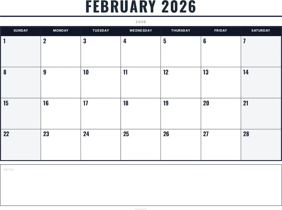 February 2026 Calendar Printable with Notes - Bold preview