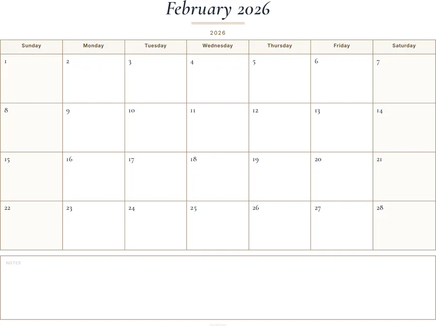 February 2026 Calendar Printable with Notes - Classic preview