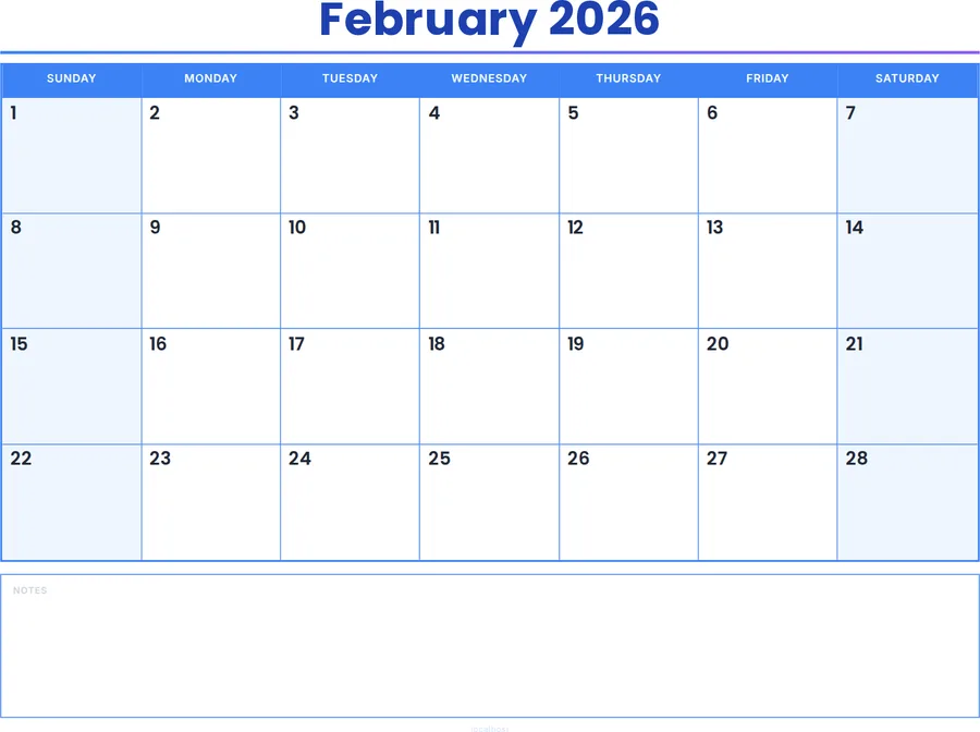 February 2026 Calendar Printable with Notes - Colored Header preview