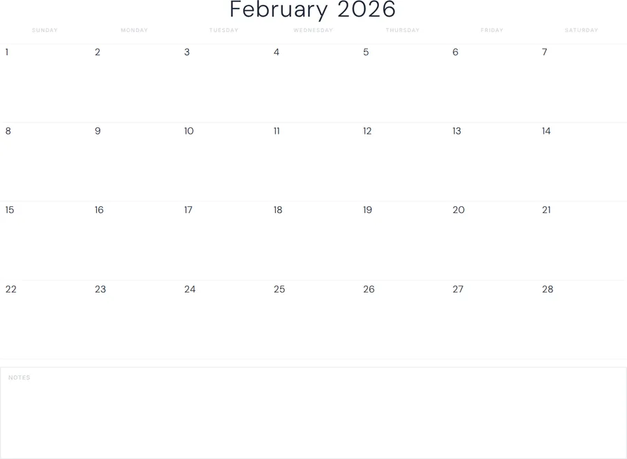 February 2026 Calendar Printable with Notes - Minimal preview